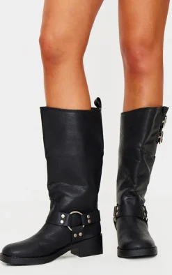 PrettyLittleThing Knee High Boots*PU Round Toe Double Buckle Knee High Boots