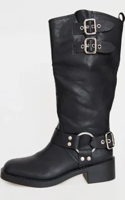 PrettyLittleThing Knee High Boots*PU Round Toe Double Buckle Knee High Boots