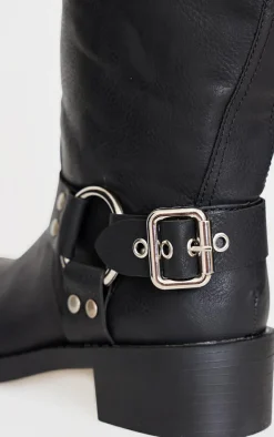 PrettyLittleThing Knee High Boots*PU Round Toe Double Buckle Knee High Boots