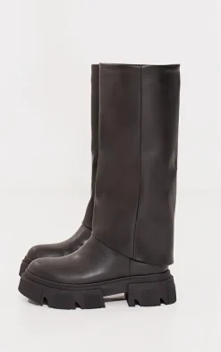 PrettyLittleThing Knee High Boots*PU Round Toe Fold Over Chunky Knee High Boots