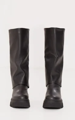 PrettyLittleThing Knee High Boots*PU Round Toe Fold Over Chunky Knee High Boots
