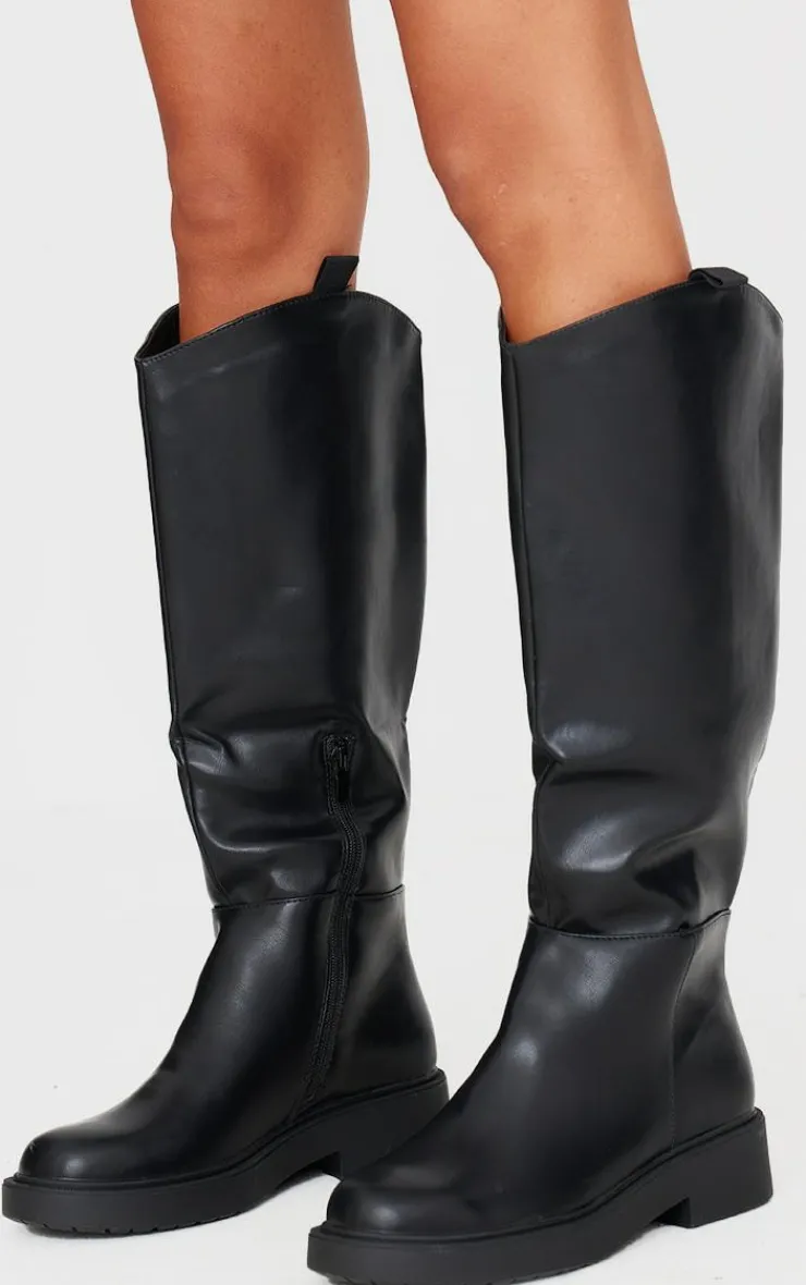 PrettyLittleThing Knee High Boots*Pu Round Toe Knee High Flat Boots