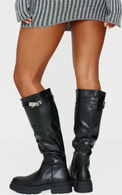 PrettyLittleThing Knee High Boots*PU Round Toe Lock Charm Knee High Boots