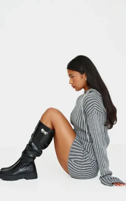 PrettyLittleThing Knee High Boots*PU Round Toe Lock Charm Knee High Boots