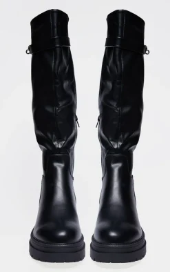 PrettyLittleThing Knee High Boots*PU Round Toe Lock Charm Knee High Boots