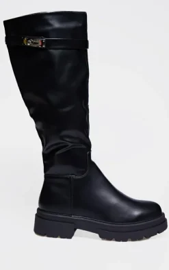 PrettyLittleThing Knee High Boots*PU Round Toe Lock Charm Knee High Boots