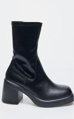 PrettyLittleThing Heeled Boots*PU Round Toe Low Block Heeled Sock Boots