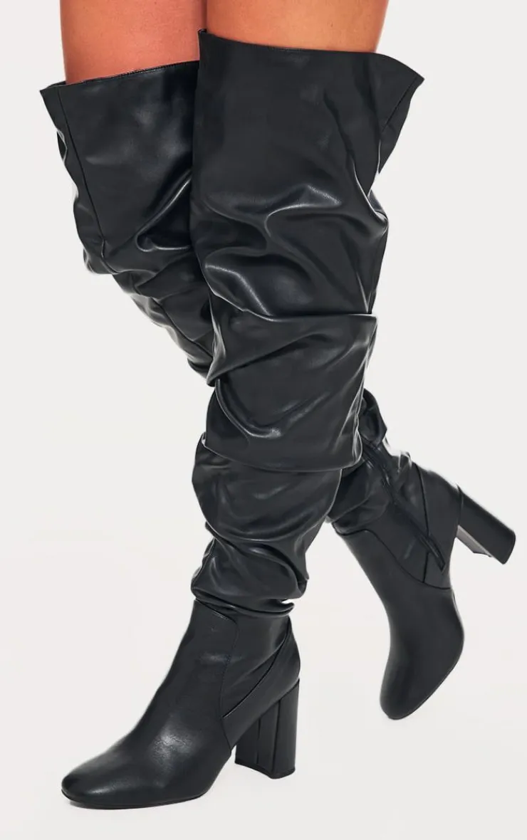 PrettyLittleThing Block Heels*Pu Round Toe Ruched Over The Knee Block Heeled Boots