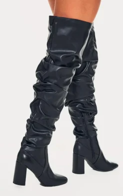 PrettyLittleThing Block Heels*Pu Round Toe Ruched Over The Knee Block Heeled Boots