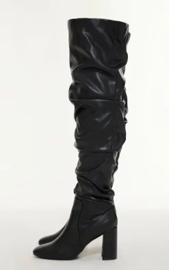 PrettyLittleThing Block Heels*Pu Round Toe Ruched Over The Knee Block Heeled Boots