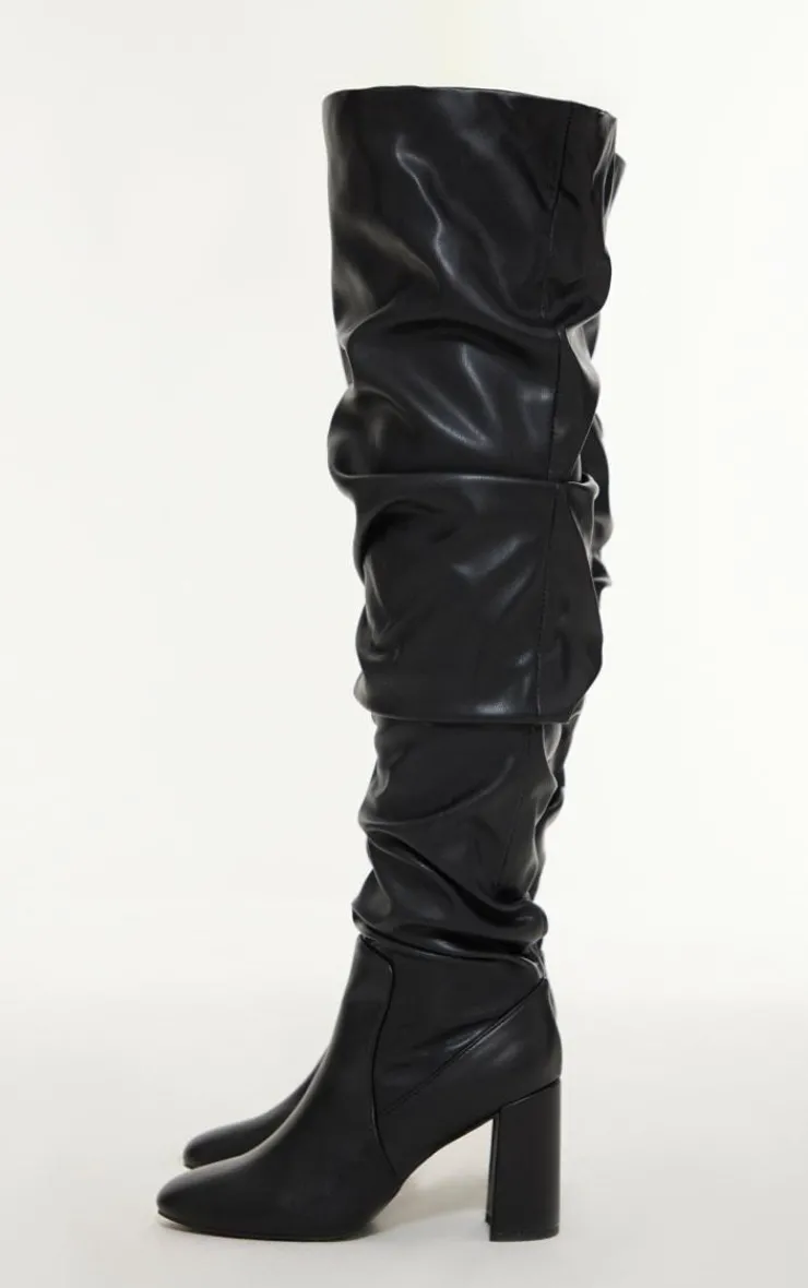 PrettyLittleThing Block Heels*Pu Round Toe Ruched Over The Knee Block Heeled Boots