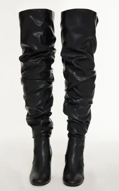 PrettyLittleThing Block Heels*Pu Round Toe Ruched Over The Knee Block Heeled Boots