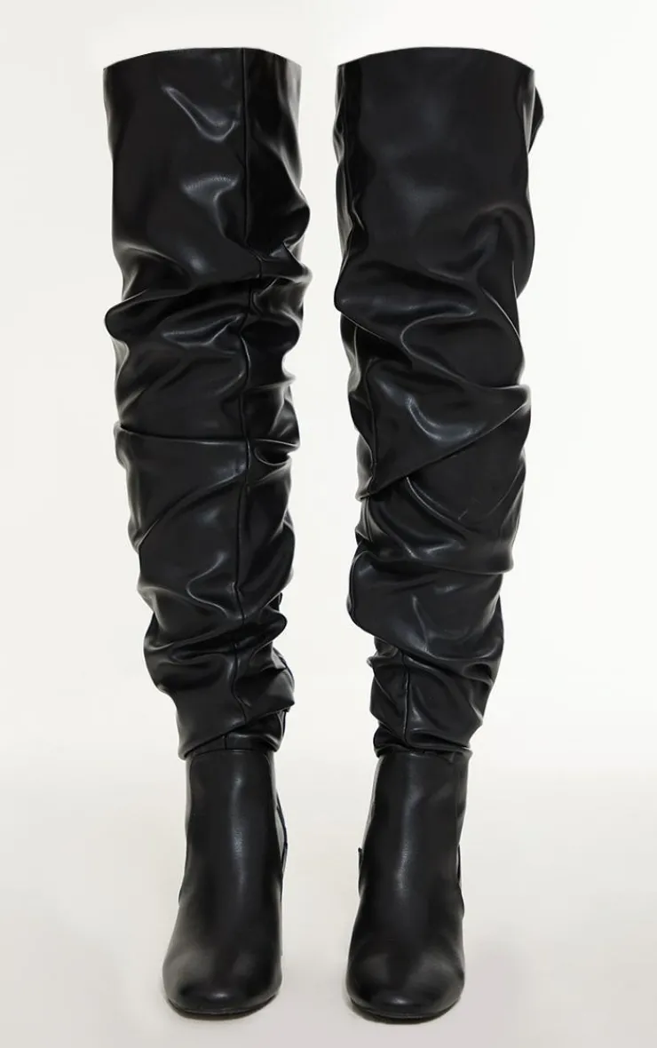 PrettyLittleThing Block Heels*Pu Round Toe Ruched Over The Knee Block Heeled Boots