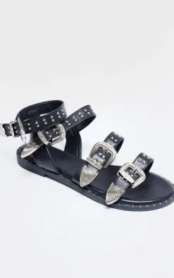 PrettyLittleThing Flat Sandals*PU Round Toe Studded Buckle Detail Gladiator Sandals