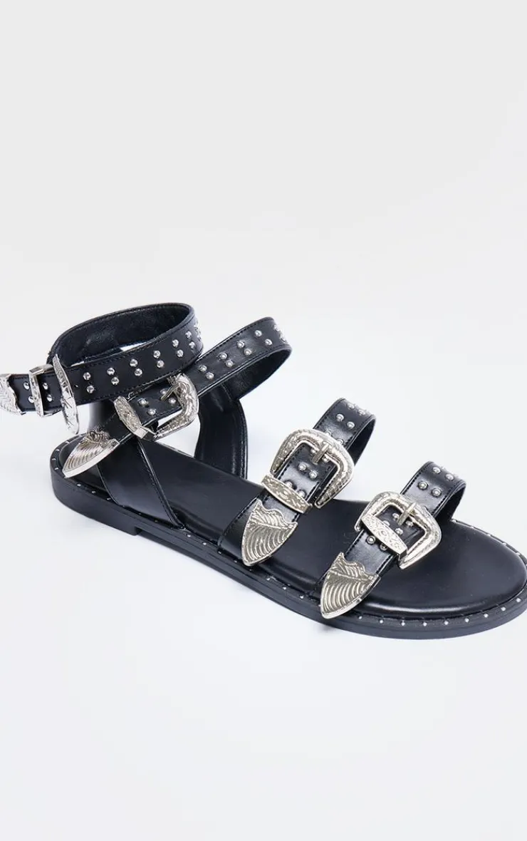PrettyLittleThing Flat Sandals*PU Round Toe Studded Buckle Detail Gladiator Sandals