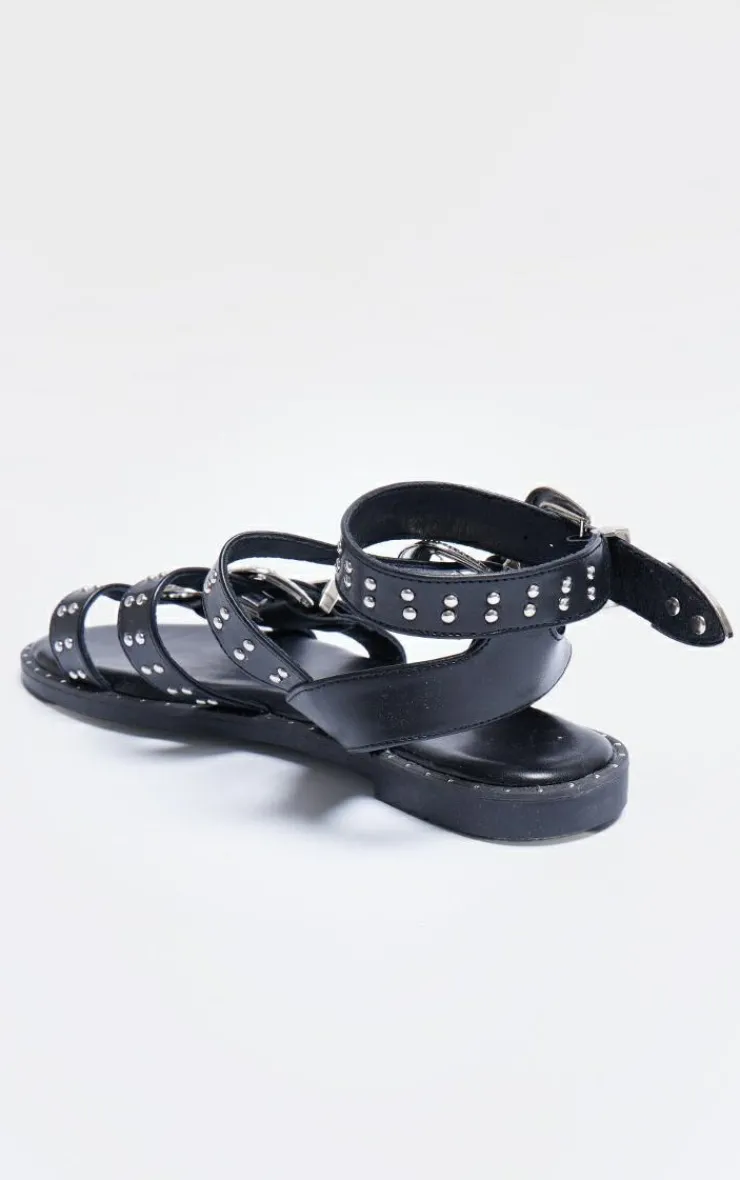PrettyLittleThing Flat Sandals*PU Round Toe Studded Buckle Detail Gladiator Sandals