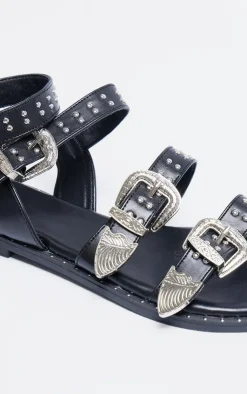 PrettyLittleThing Flat Sandals*PU Round Toe Studded Buckle Detail Gladiator Sandals