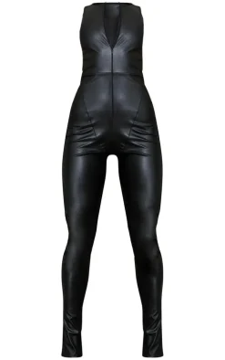 Black PU Split Hem Racer Neck Jumpsuit