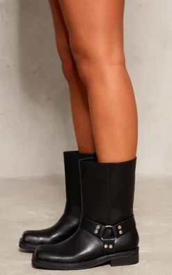 PrettyLittleThing Black Boots*PU Square Toe Buckle Detail Ankle Boots