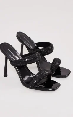 PrettyLittleThing Mules*Pu Square Toe Diamante Padded Strap Heeled Mules