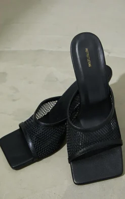 PrettyLittleThing Mules*PU Square Toe Fish Net Low Heeled Mules