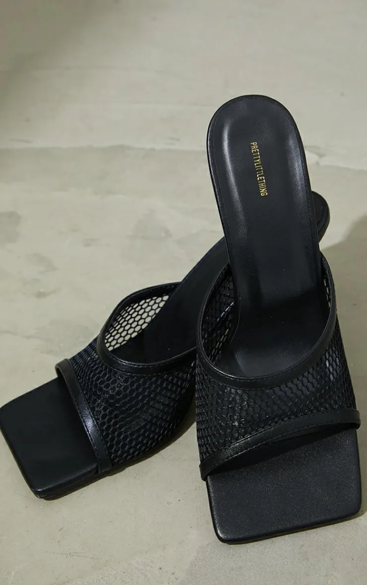 PrettyLittleThing Mules*PU Square Toe Fish Net Low Heeled Mules