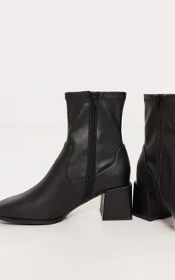 PrettyLittleThing Low Heels*PU Square Toe Low Block Heel Stretch Ankle Boots