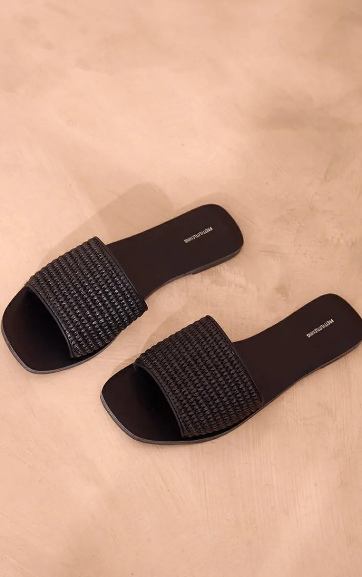 PrettyLittleThing Flat Sandals*PU Square Toe Raffia Strap Flat Sandals