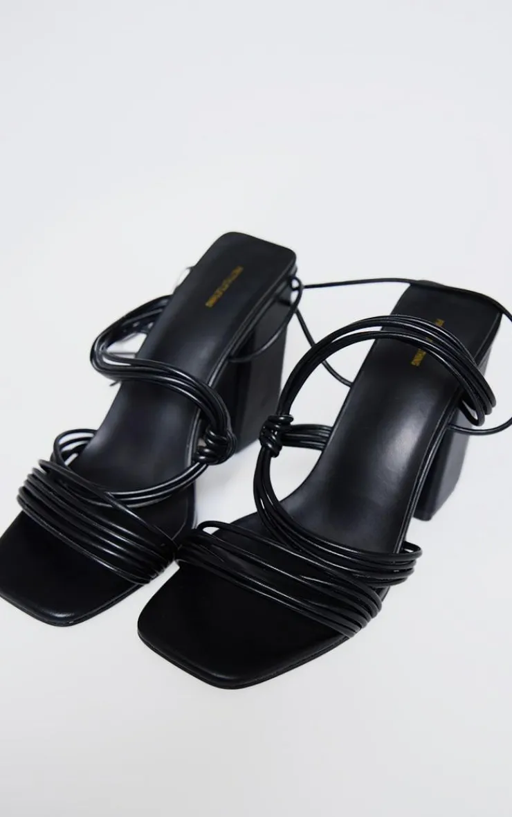 PrettyLittleThing Lace Up Heels*Pu Square Toe Strappy Lace Up Block Heeled Sandals