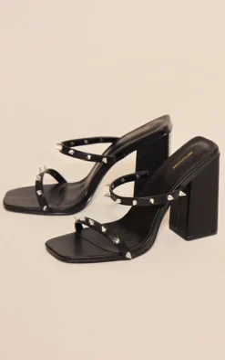 PrettyLittleThing Mules*Pu Square Toe Studded Double Strap Heeled Mules