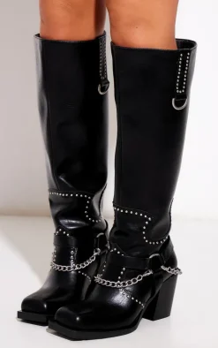 PrettyLittleThing Knee High Boots*PU Square Toe Studded Chain Detail Knee High Boots