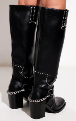 PrettyLittleThing Knee High Boots*PU Square Toe Studded Chain Detail Knee High Boots