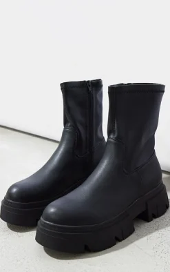 PrettyLittleThing Black Boots*Pu Textured Extreme Cleated Sole Ankle Sock Boots