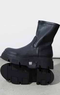 PrettyLittleThing Black Boots*Pu Textured Extreme Cleated Sole Ankle Sock Boots