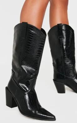 PrettyLittleThing Wide Fit Boots*PU Wide Fit Croc Point Toe Knee High Western Boots
