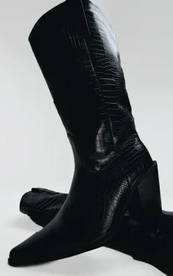 PrettyLittleThing Wide Fit Boots*PU Wide Fit Croc Point Toe Knee High Western Boots