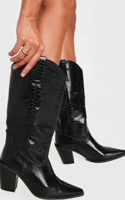 PrettyLittleThing Wide Fit Boots*PU Wide Fit Croc Point Toe Knee High Western Boots