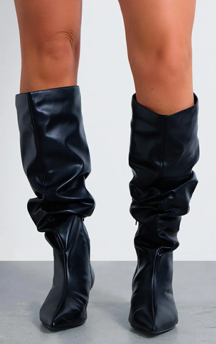 PrettyLittleThing Wide Fit Boots*PU Wide Fit Gathered Low Heel Knee High Boots