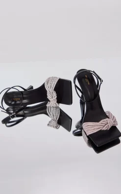 PrettyLittleThing Wide Fit Sandals*PU Wide Fit Square Toe Diamante Knot Barely There Heeled Sandals