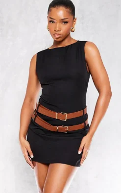 Black Racer Neck Double Belt Skort Romper