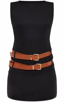 Black Racer Neck Double Belt Skort Romper