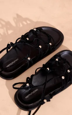 PrettyLittleThing Flat Sandals*Real Leather Beaded Lace Up Flat Footbed Sandals