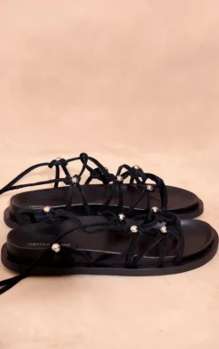 PrettyLittleThing Flat Sandals*Real Leather Beaded Lace Up Flat Footbed Sandals