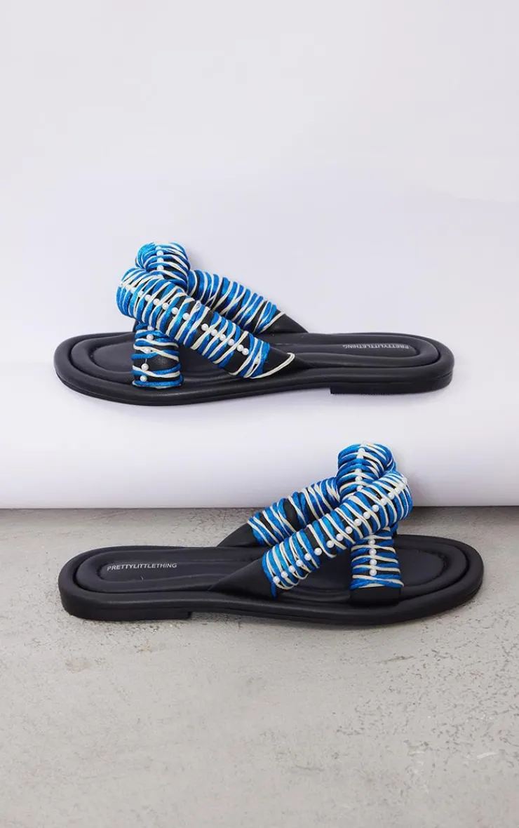 PrettyLittleThing Flat Sandals*Real Leather Round Toe Padded Contrast Strap Pearl Detail Sandals
