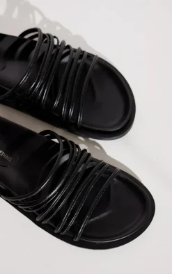 PrettyLittleThing Slides*Real Leather Round Toe Strap Detail Footbed Sandals