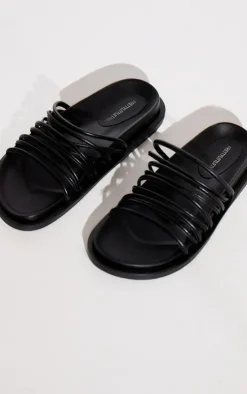 PrettyLittleThing Slides*Real Leather Round Toe Strap Detail Footbed Sandals