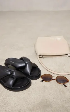 PrettyLittleThing Flat Sandals*Real Leather Round Toe Strap Over Quilted Strap Footbed Sandals