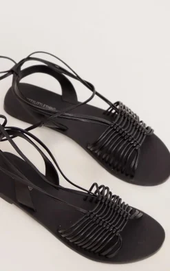 PrettyLittleThing Flat Sandals*Real Leather Round Toe Woven Lace Up Flat Sandals