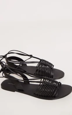 PrettyLittleThing Flat Sandals*Real Leather Round Toe Woven Lace Up Flat Sandals