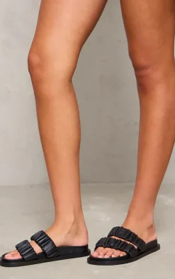 PrettyLittleThing Flat Sandals*Real Leather Round Toe Ruched Detail Strap Footbed Sandals